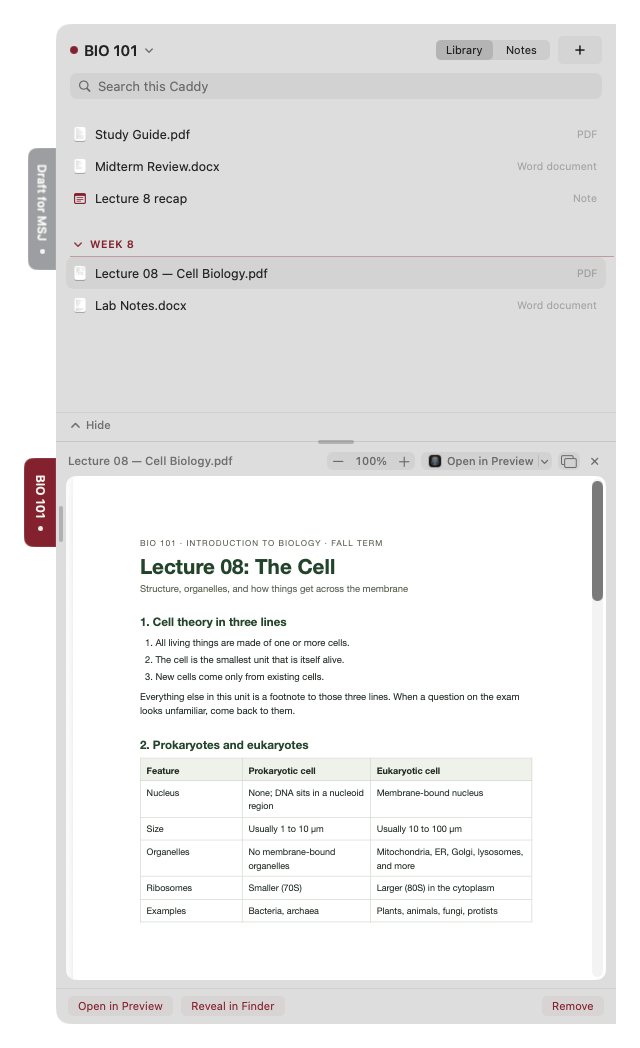 A Caddy named BIO 101, open. A Library lists a study guide, a midterm review, a note and two Week 8 files, and below it a reading pane shows a lecture PDF.