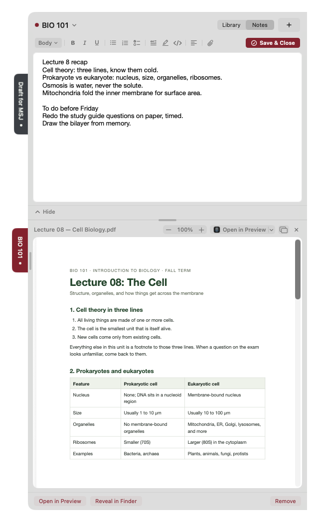 The same Caddy showing its Notes tab, a typed lecture recap above the same PDF in the reading pane.