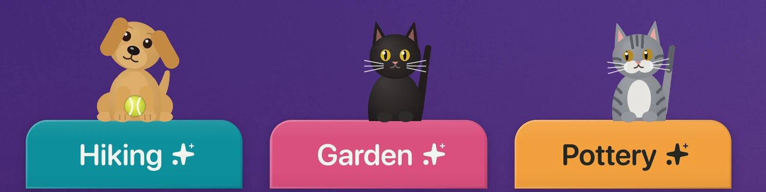 Daisy, Shadow and Rascal sit on three separate Caddies named Hiking, Garden and Pottery.